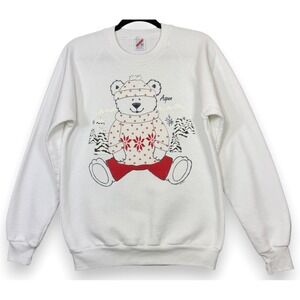 Vintage Aspen Teddy Bear Sweatshirt Women M White Red Puff Print Fair Isle 80s